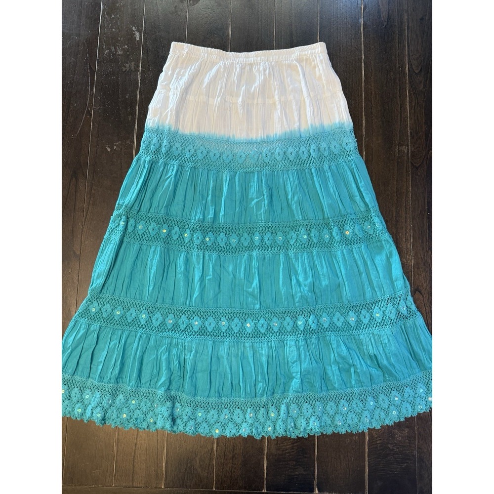 Valerie Stevens Maxi Skirt Women’s M Turquoise Crochet Sequin Boho Cotton